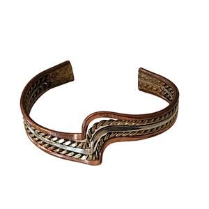 Vintage Taxco Tri Metal Wavy Cuff Bracelet Brass Silver Copper